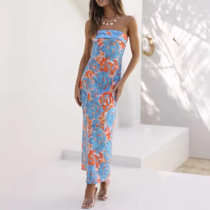2026 popular European and American style tube top slim print dress Spice girl temperament long party dress dress