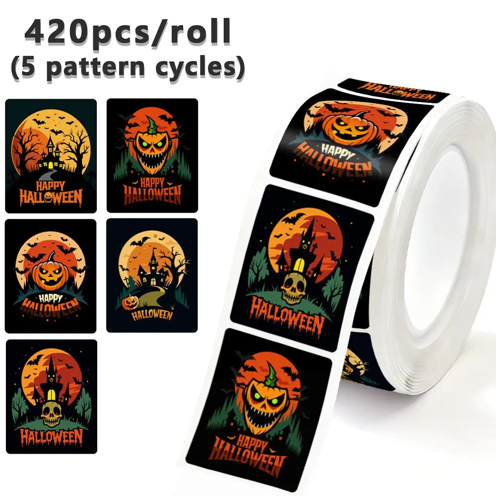 420pcs Halloween Pumpkin Stickers Roll, Evil Pumpkin Face Stickers, Vintage Horror Halloween Decorations, DIY Art Craft Supplies