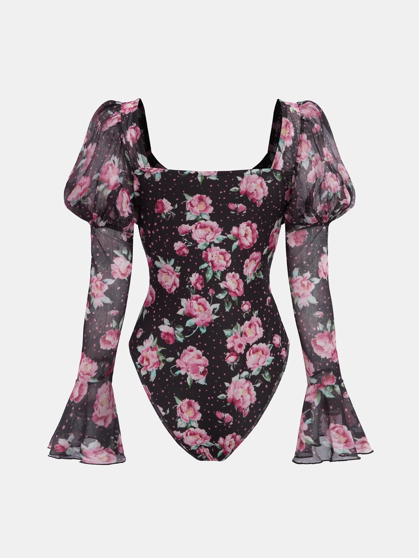 YOZY Women's Floral Print Leg-Of-Mutton Sleeve Bodysuit, Elegant Long Sleeve Square Neck Bodysuit for Spring & Fall, Ladies Clothes for Daily Wear
