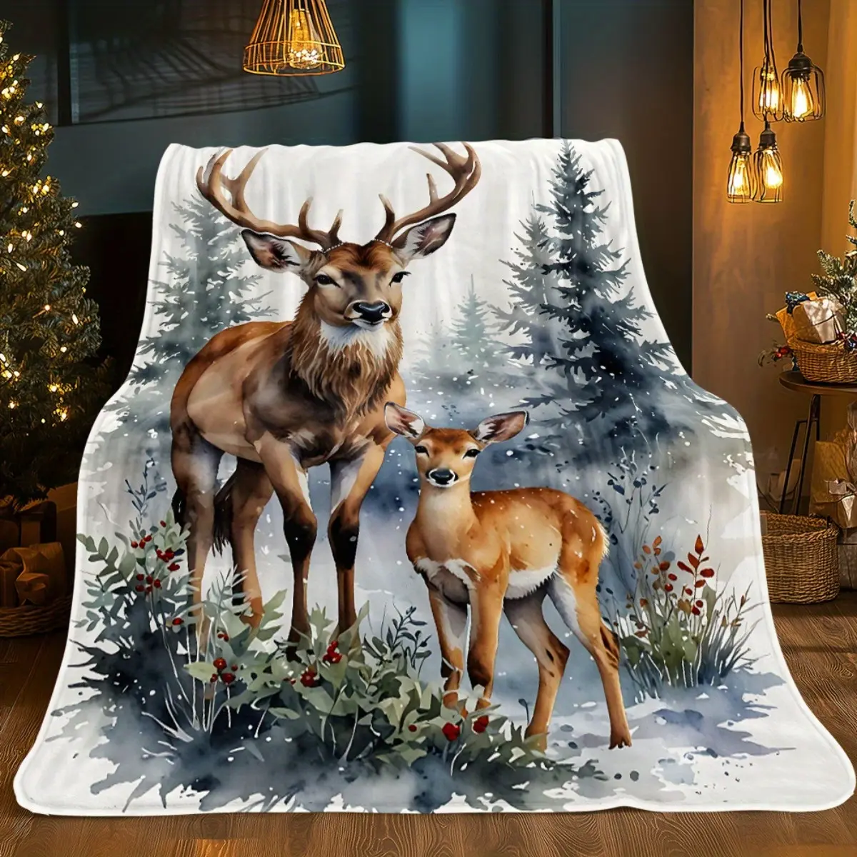 High-Definition Printed Blanket Featuring Deer And Fawn in a Forest. Cozy And Warm Flannel Blankets Suitable for Travel, Camping, Sofa, Living Room, Couch, Chair, And Bed. A Perfect Gift for Family Or Friends