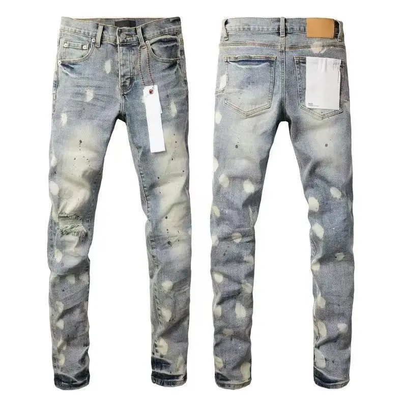 New Men Jeans Fashion High Street Retro wash Light Blue Distressed Tie Dye  Stretch Skinny Button Fly Hole Ripped Jeans Pants