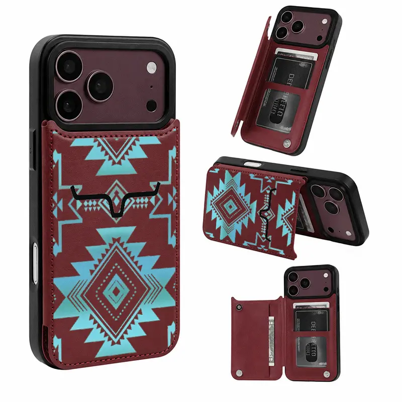 Women’s Protective Aztec Tribal Style Black-Blue Geometric Pattern Leather Card Holder Case with Card Slots - 1-Piece Phone Cover for iPhone 18 Pro Max,17,16,15,14,13,12 Pro Plus Air & S22-S25 Series, Holiday Gift
