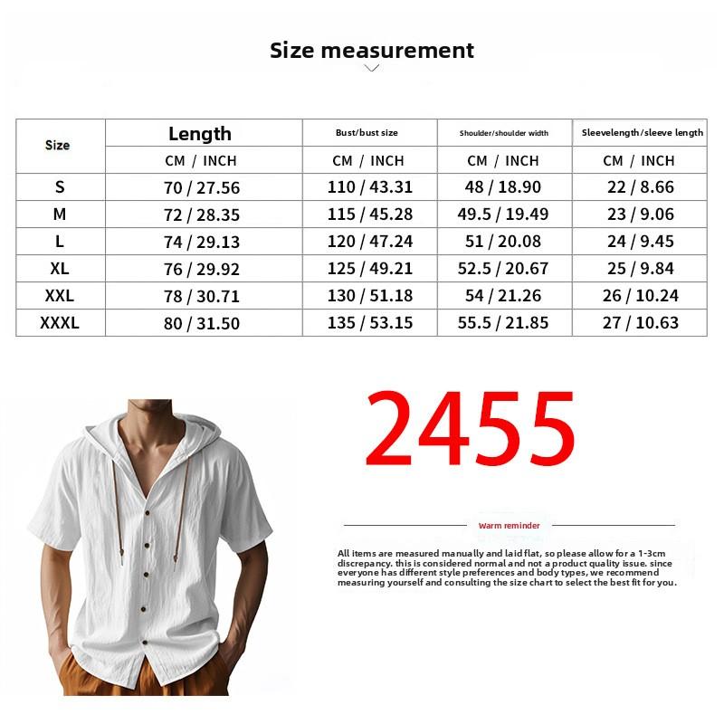 American-style Summer Lightweight Breathable Linen Amekaji Loose-fitting Hooded Men's Short-sleeve Shirt 95% Linen 5% Polyester Casual Menswear