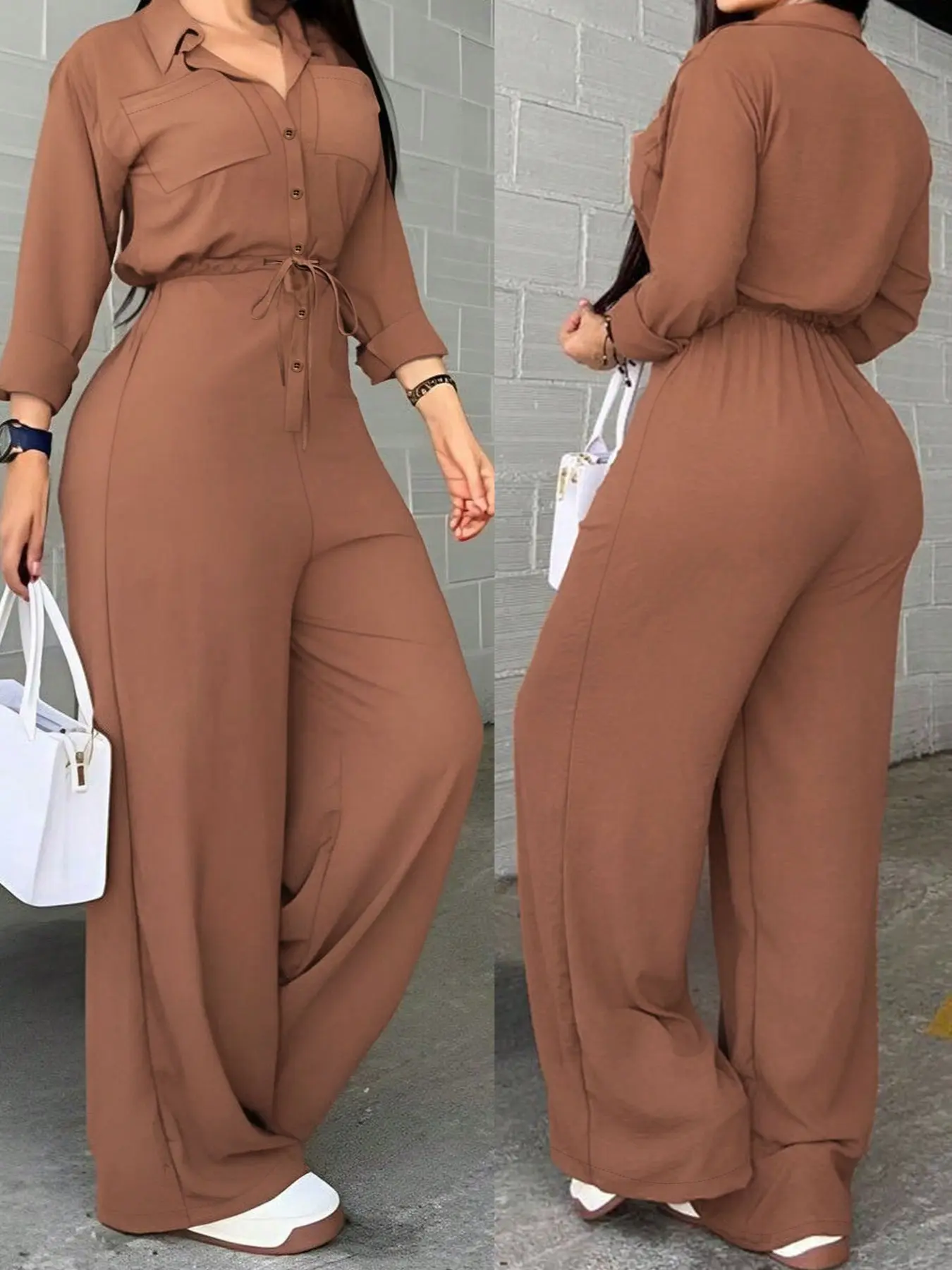 Women's Loose Fitted Belted Jumpsuit Set Outfit, Casual Shirt Sleeve Design with Belt, Elegant High Waist Long Sleeve for Spring & Fall