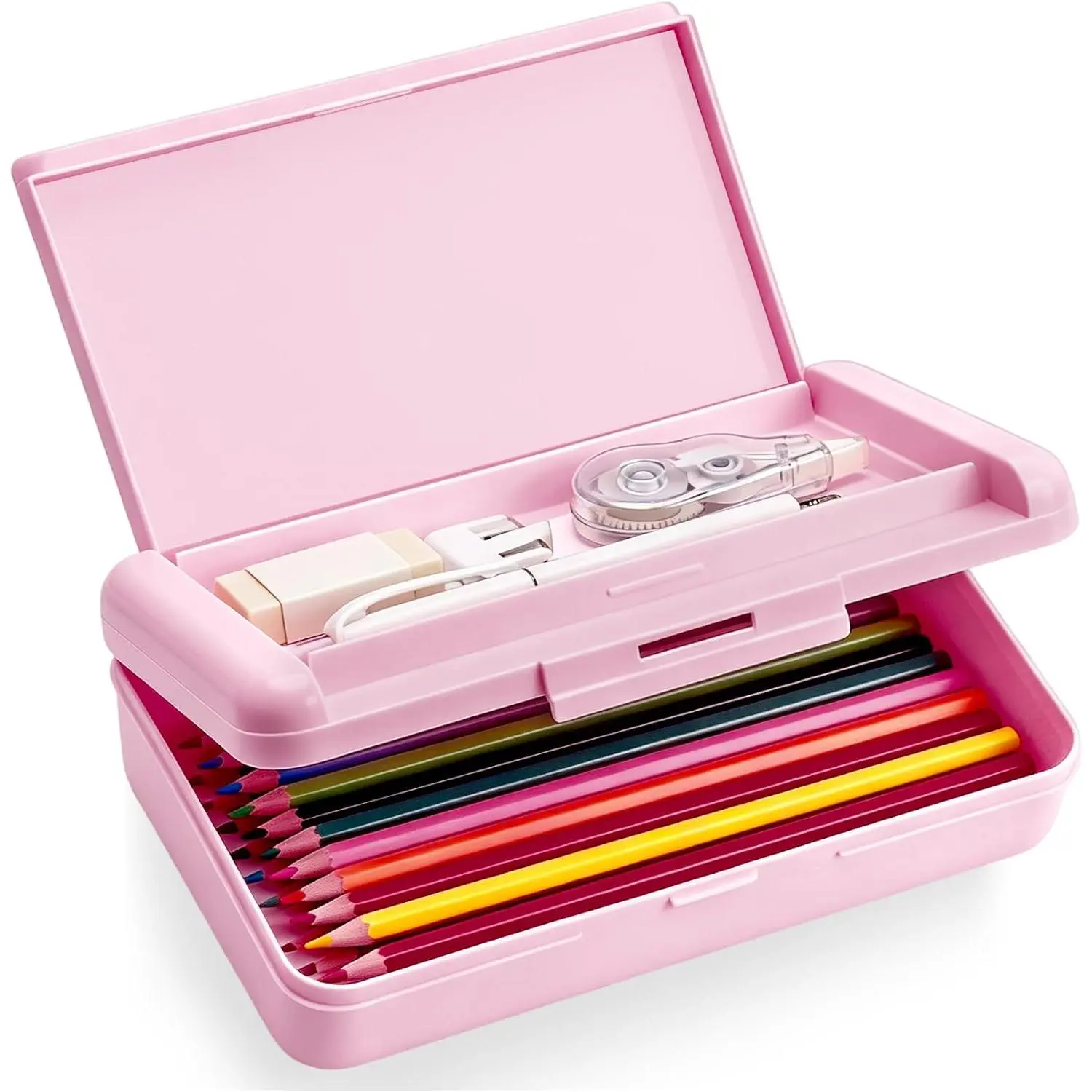 Pencil Box, Double Layer  Pencil Case, Large Capacity Plastic Crayon Box with Snap-Tight Lid for School Office Students Teachers Organization Pens Pencils Storage Organizer Supplies