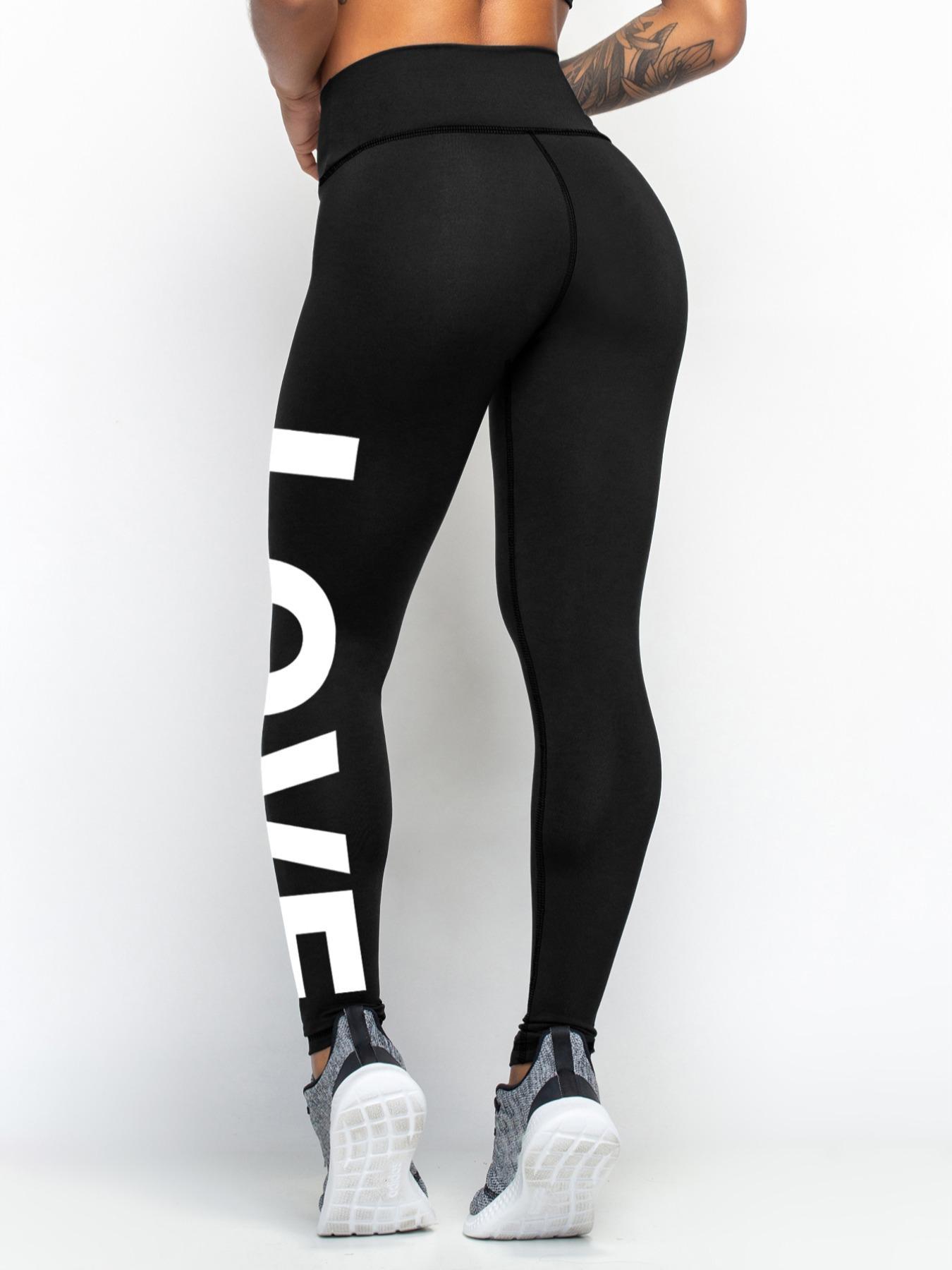 Women's Letter "LOVE" Print High Waist Sports Leggings, Sporty Comfy Skinny Pants, Summer Outfits 2024, Gym Clothes, Gym Fitness Leggings, Stretchy Workout Leggings, Ladies Sportswear, Tummy Control, Skinny Yoga Bottoms, High Waisted Leggings