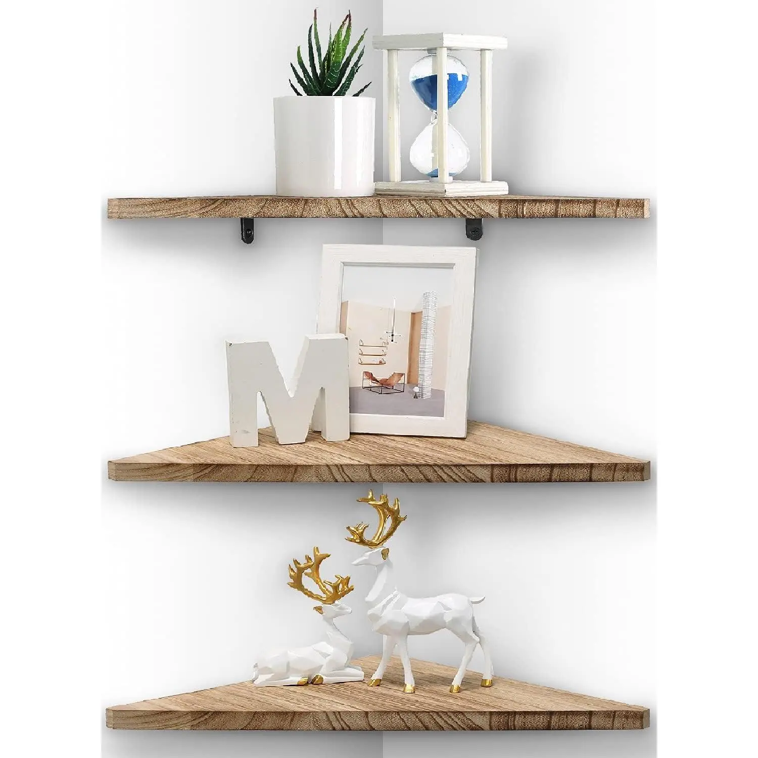 Joiishom Corner Wall Shelf Set of 3, Floating Corner Shelves, Rustic Wood Wall Storage Display Shelves for Living Room, Bedroom, Bathroom, Kitchen (Carbonized Wood)