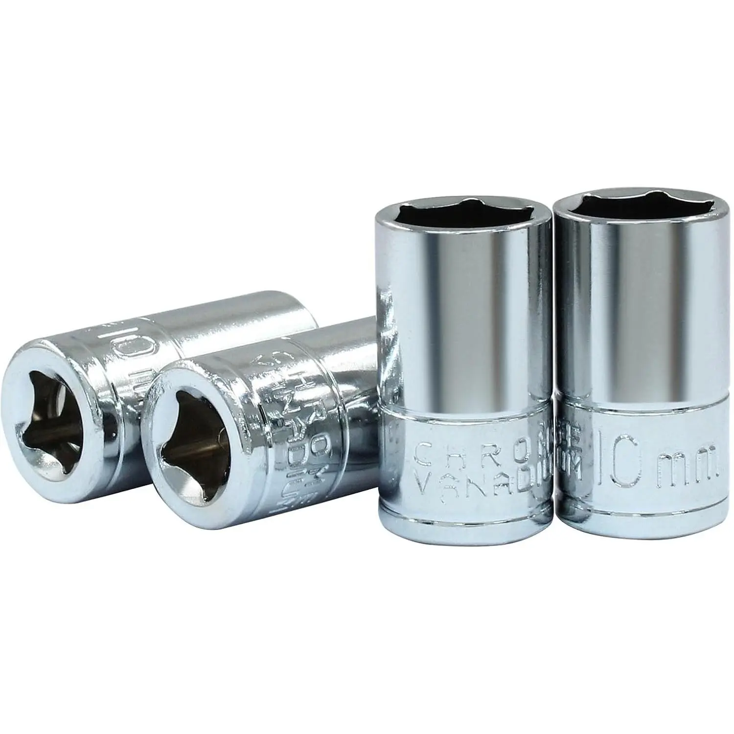 4 count 1/4 Drive 10mm Shallow Socket, Cr-V Steel | 6-Point High Torque Grip, Mirror Polish Chrome Finish, For Auto Repair Construction DIY