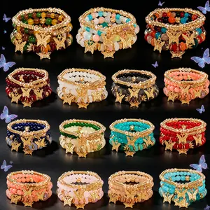 24pcs (6 Sets) Mix-Color Boho Multilayer Beaded Star Butterfly Charm Bracelets Set for Women - Stackable Crystal Glass Bead Stretch Bracelets Boho Jewelry