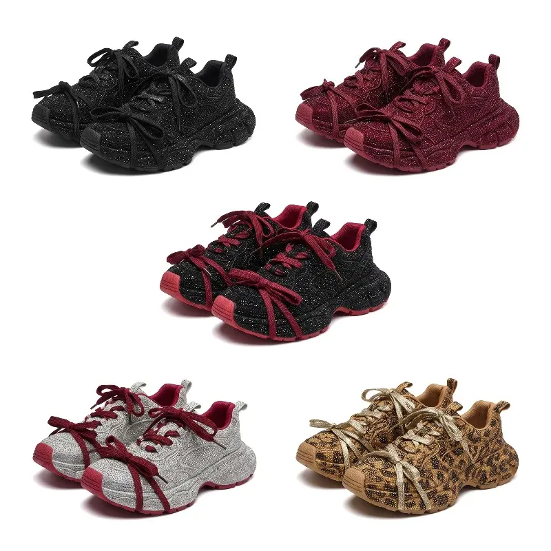 Women's Chunky Dad Sneakers - Faux Leather, Breathable Mesh Lining, Thick Sole, Ankle-High, Round Toe, Starry Sky Rhinestone Design, Chunky Look, Comfortable Casual Autumn Sports Shoes,shoes for back to school,back to school shoes