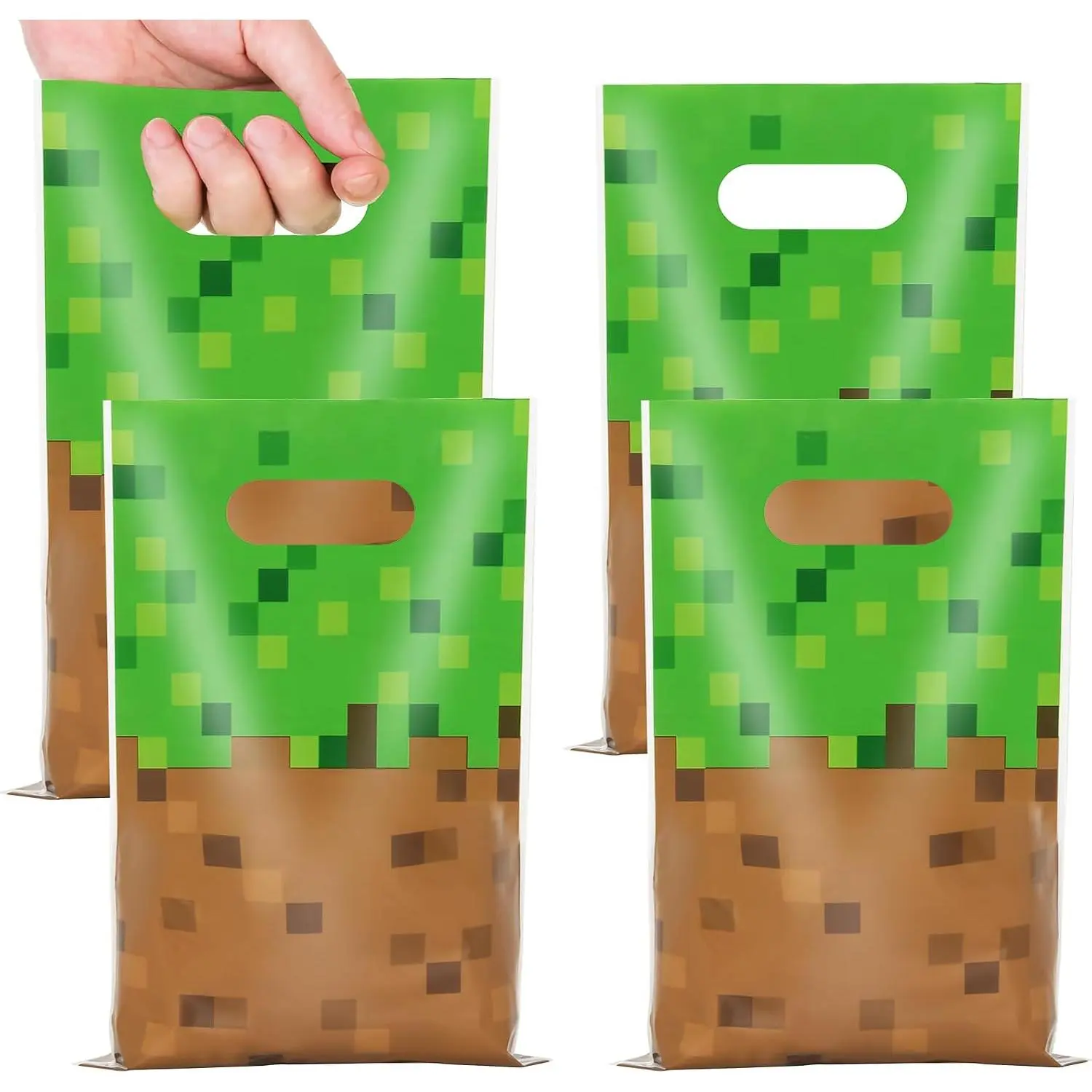 Synthetic Block Pixel Party Bags Set - 50-Count Green & Brown Video Game Themed Goodie Bags with In-Cut Handles for Gifts, Candy, Goodie Bag