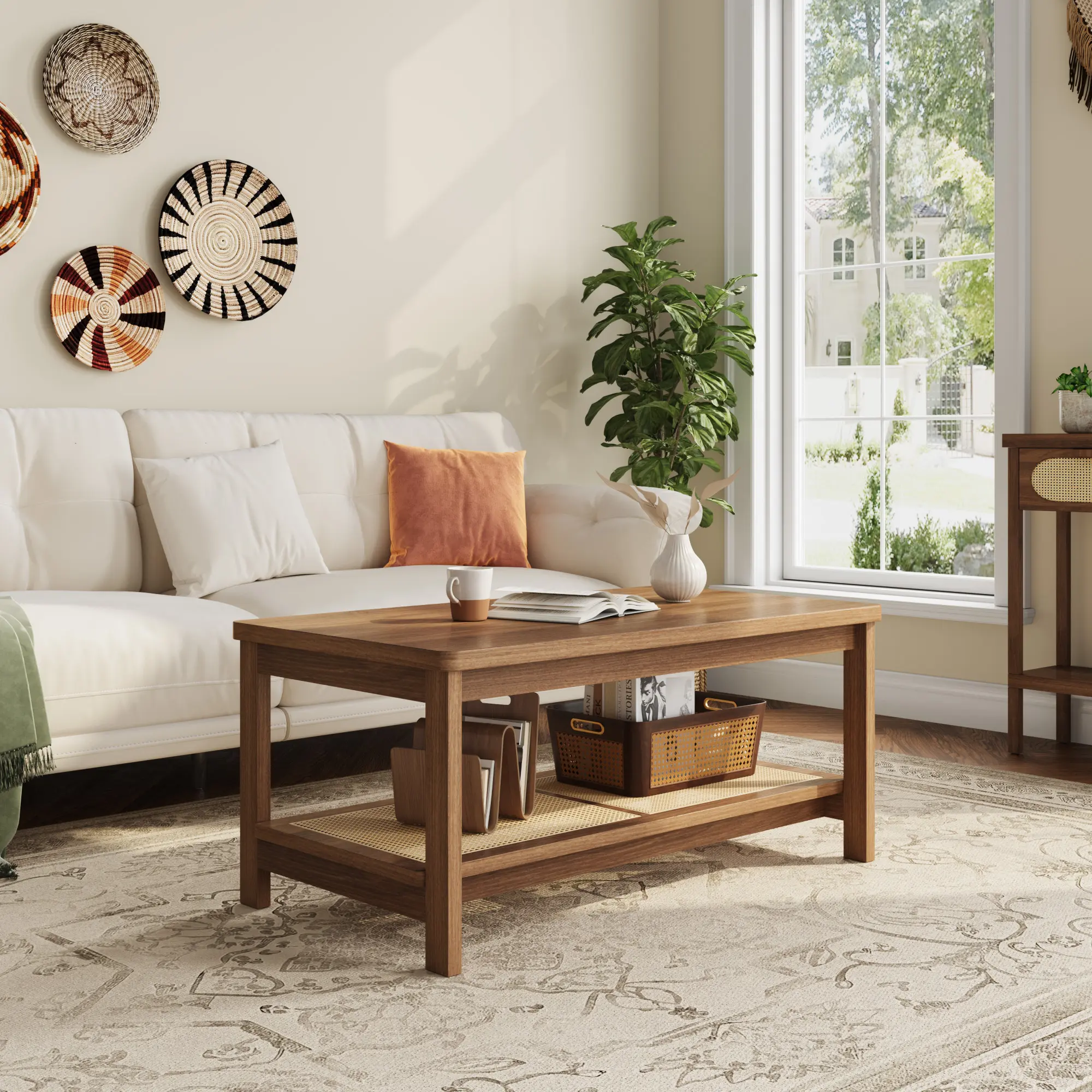 2-Tier Rectangular Coffee Table for Living Room - Wood Center Table with Rattan Open Storage Shelf - Space-Saving Accent, Easy Assembly - Walnut