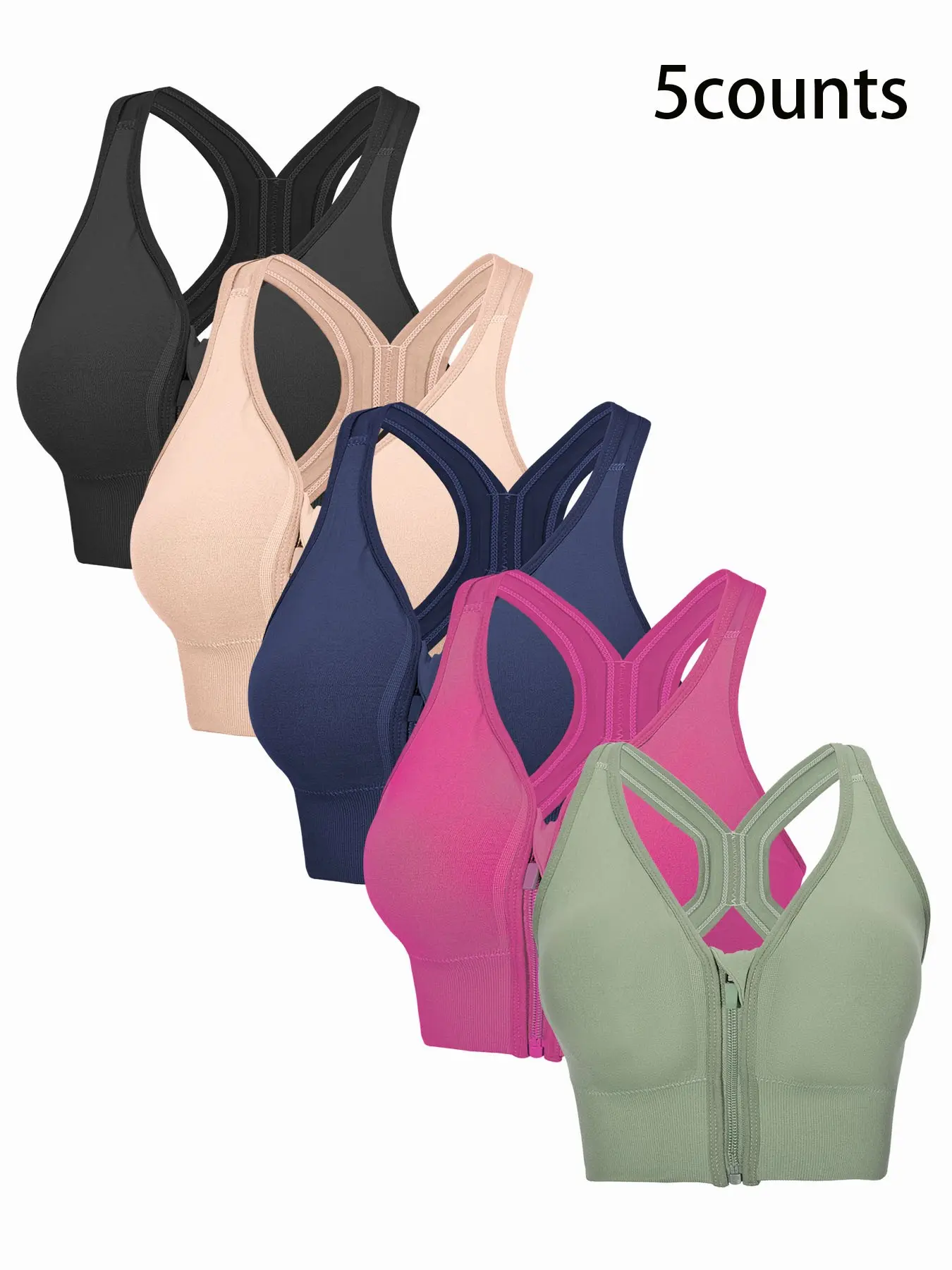 Women's Plain Front Zipper Compression Sports Bra, Back Ruched Cutout Design, Ideal for Athletic Wear, Comfortable and Stylish Lingerie