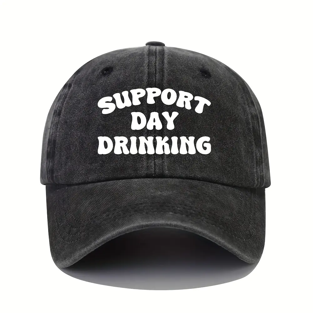 Support Day Drinking Adjustable Snapback Baseball Cap - Black with White Text, Lightweight Casual Streetwear Hat for Women, Bachelor Parties And Outdoor Activities, Humorous Design, Washed Texture