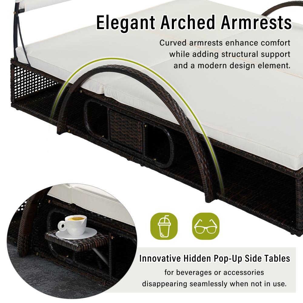 Outdoor steel-frame sun loungers with adjustable backrests; double patio sunbeds featuring hidden side tables and curved armrests; ideal for patios, pool decks, gardens, backyards, and other outdoor spaces