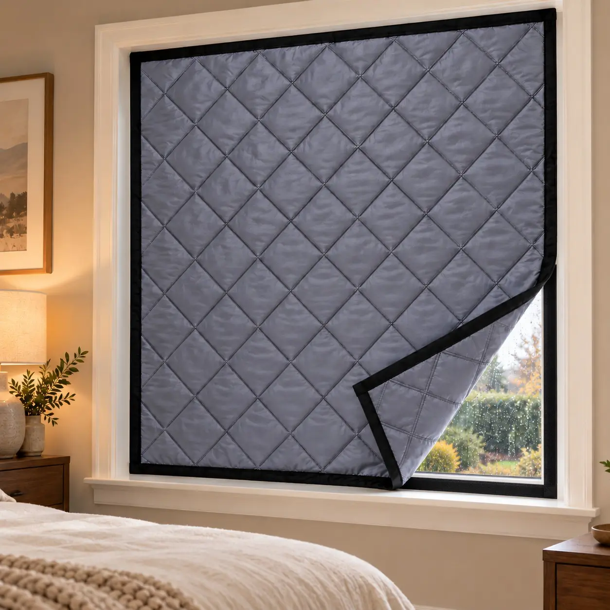 Gray Winter Thick Insulated Windproof Curtain, No Drilling Detachable Thermal Window Cover, Cold Weather Sunblock, for Bedroom Living Room