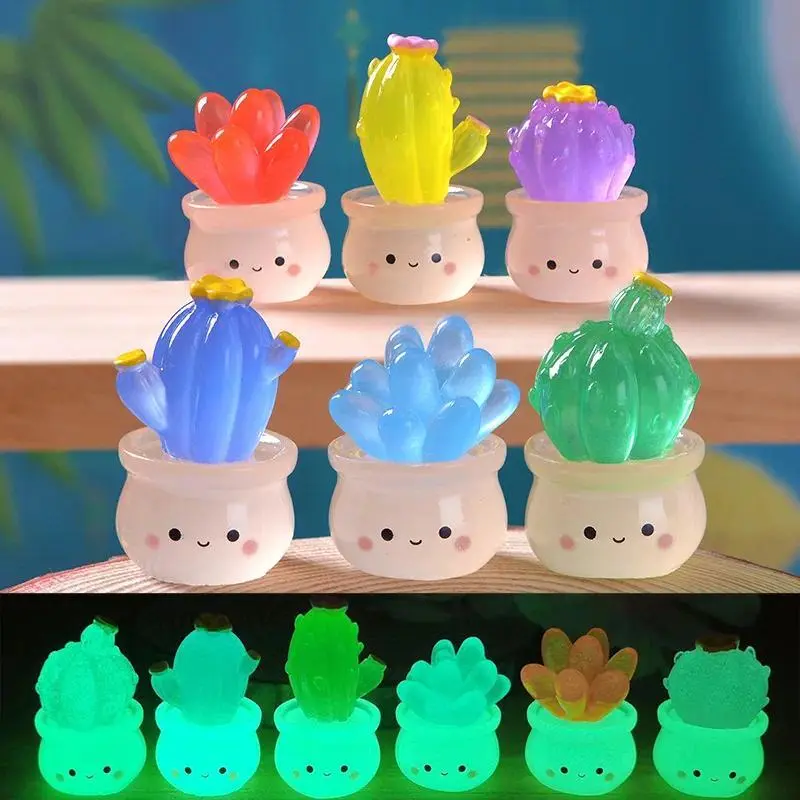 Kawaii Luminous Succulent Cactus Figurines 6pcs Set, Decorative Miniatures for Microscape, Home Decorators’ Home & Car Room Decor Accessories