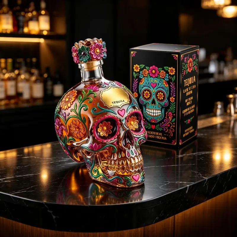 Hand Painted Floral Sugar Skull Decanter, 350ML Glass Whiskey Tequila Bottle, Day of the Dead & Halloween Decor, Unique Barware, Perfect Gift