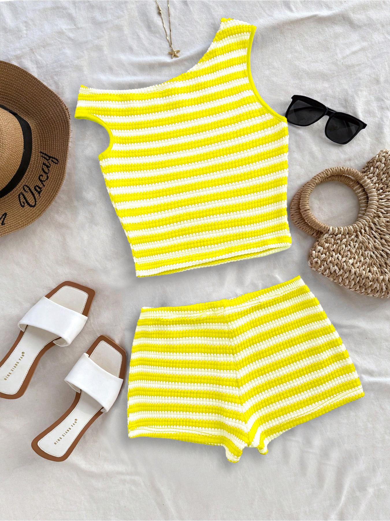 Women's Striped Pattern Asymmetrical Top & Shorts Set without Accessories, Casual Sleeveless Top & Shorts, Ladies Summer Outfit