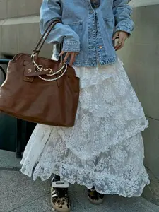 🩰Balletcore Lace Tiered Maxi Skirt, High Waist Asymmetric Ruffle, Sheer Lace Long Skirt, Women's Coquette Fairycore Casual 2026
