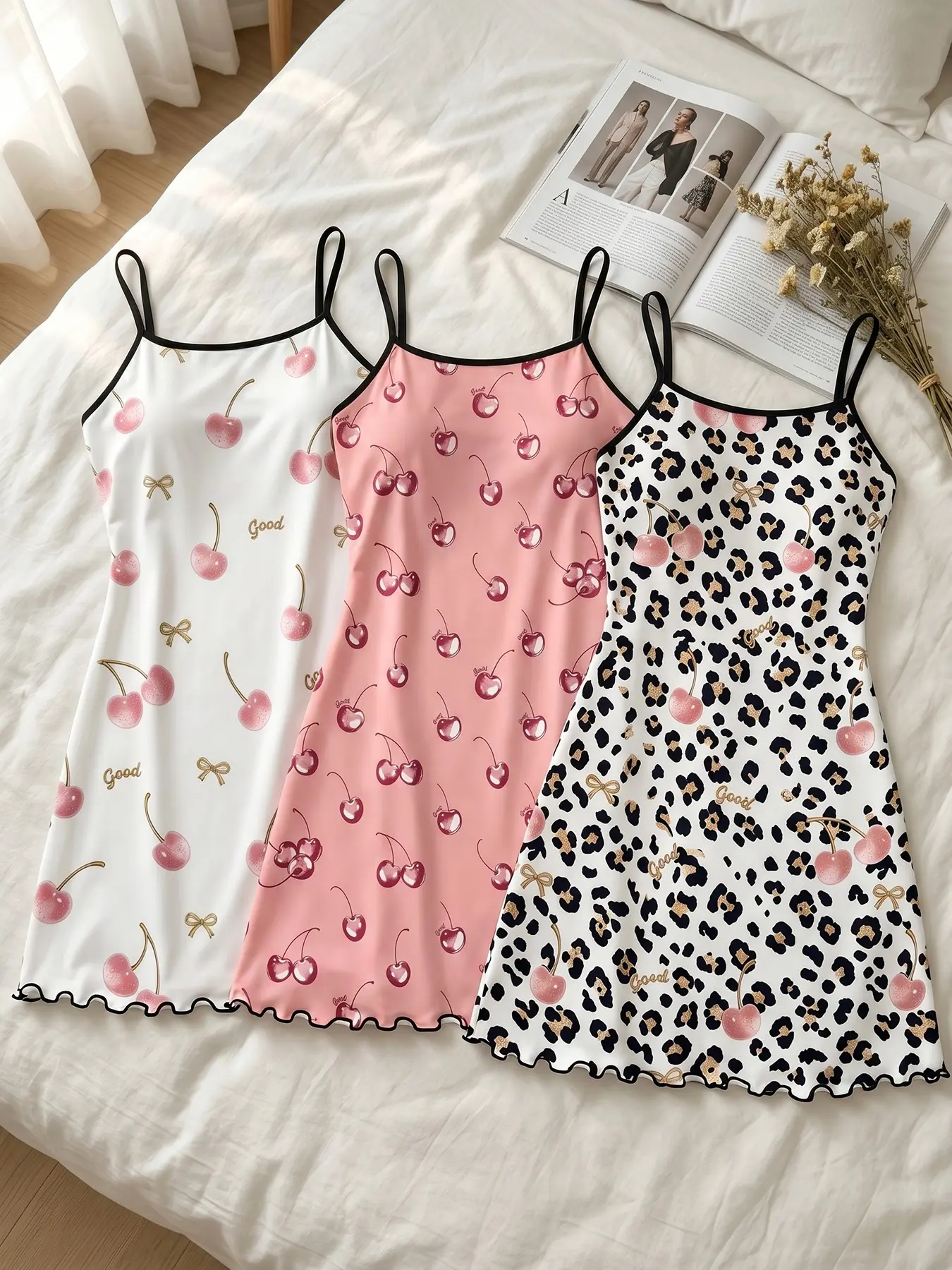 Women's 3 Pack Cami Nightgown Set, All Seasons Wearable, Cherry Leopard Mix Print, Wavy Ruffle Hem, Sweet Cool Girl Style, Loose Fit for Selfies & Daily Lounge