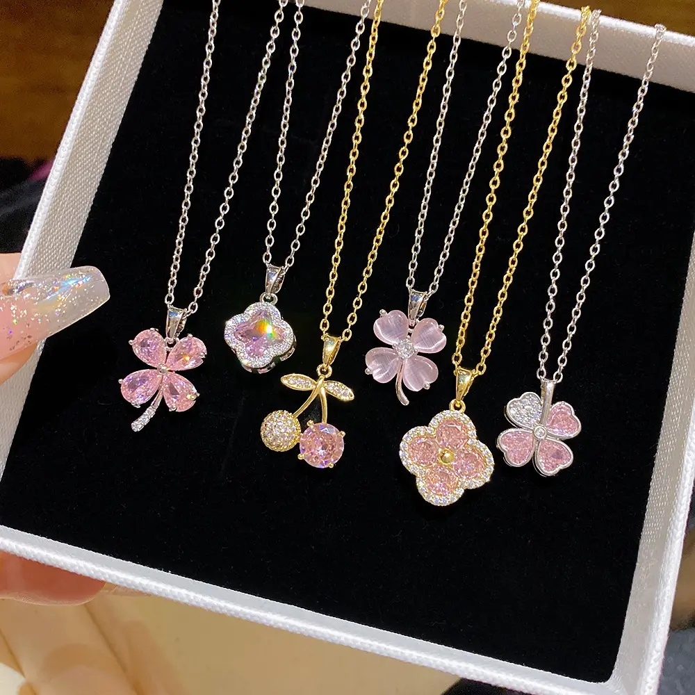 Women's Dainty Pink Clover Pendant Necklace - Fashion Floral Cherry Costume Jewelry for Daily Wear neck alace everyday layering gift set fashionable valentine witchy minimalist chain woman jewelry gift simple
