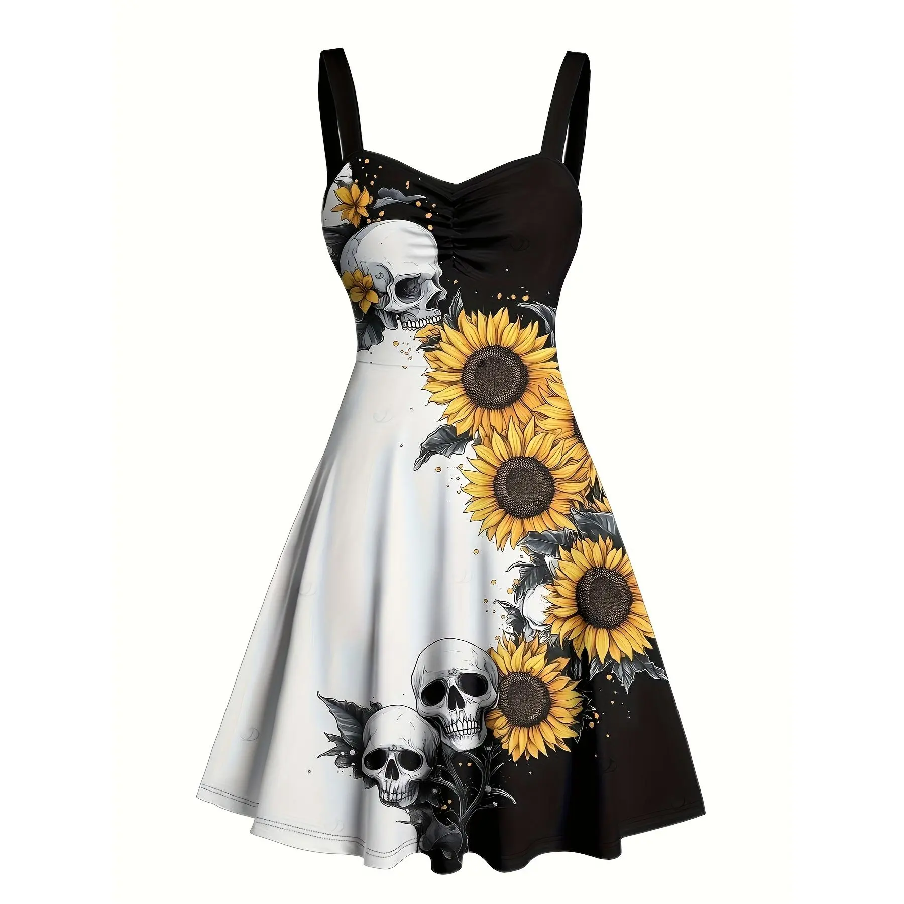 Gothic Sunflower & Skull A-Line Mini Dress - Two-Tone Colorblock Ruched Belt Dress with Sweetheart Neckline, Machine Washable Summer Wedding Guest Dress for ( Retro)