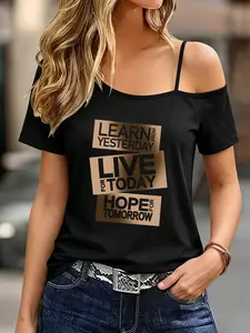 Women's Asymmetrical Neckline T-Shirt, Inspirational Quote Print, One-Shoulder Design, Casual Short Sleeve Top, Fashionable