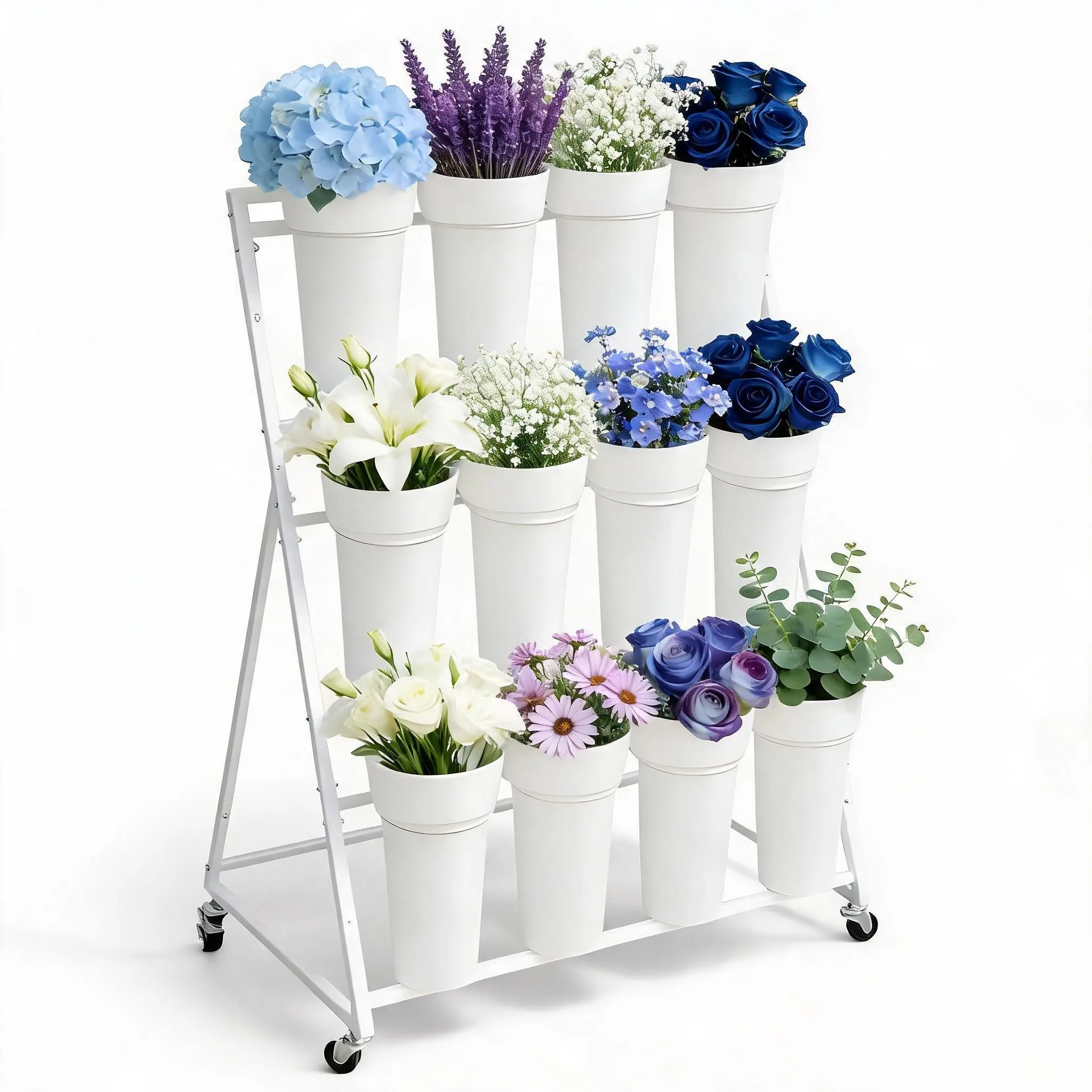 3 Tier Flower Display Stand with 12 Baskets, Rolling Flower Stand Indoor with Wheels, Outdoor Flower Cart for Weddings Flower-Shop & Home Balcony Garden