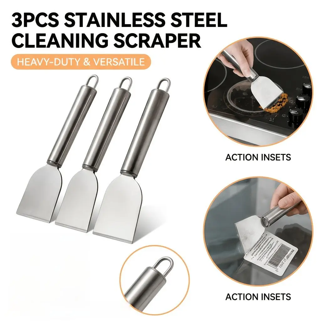 3pcs Stainless Steel Cleaning Scrapers - Heavy-Duty Handheld Home Cleaning Tools, Professional Dirt Removers for Sticky Residues, Rust, Grime
