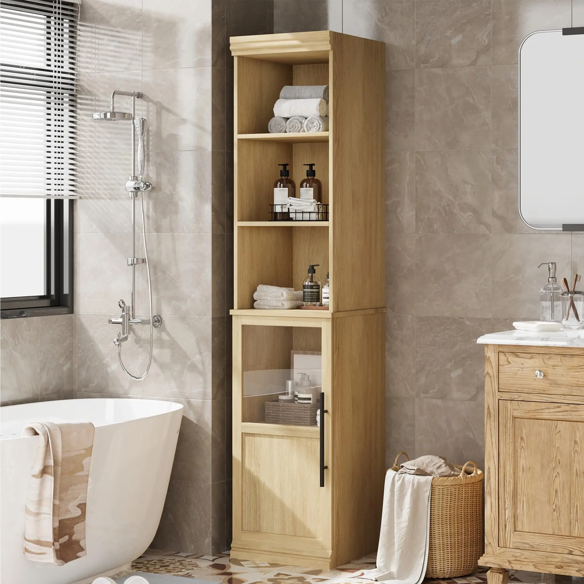 White Slim Tall Freestanding Engineered Wood Bathroom Storage Cupboard - Glass Door, Open Shelves, Adjustable Features, Manual Assembly Required, Easy Setup for Household Entryway, Kitchen