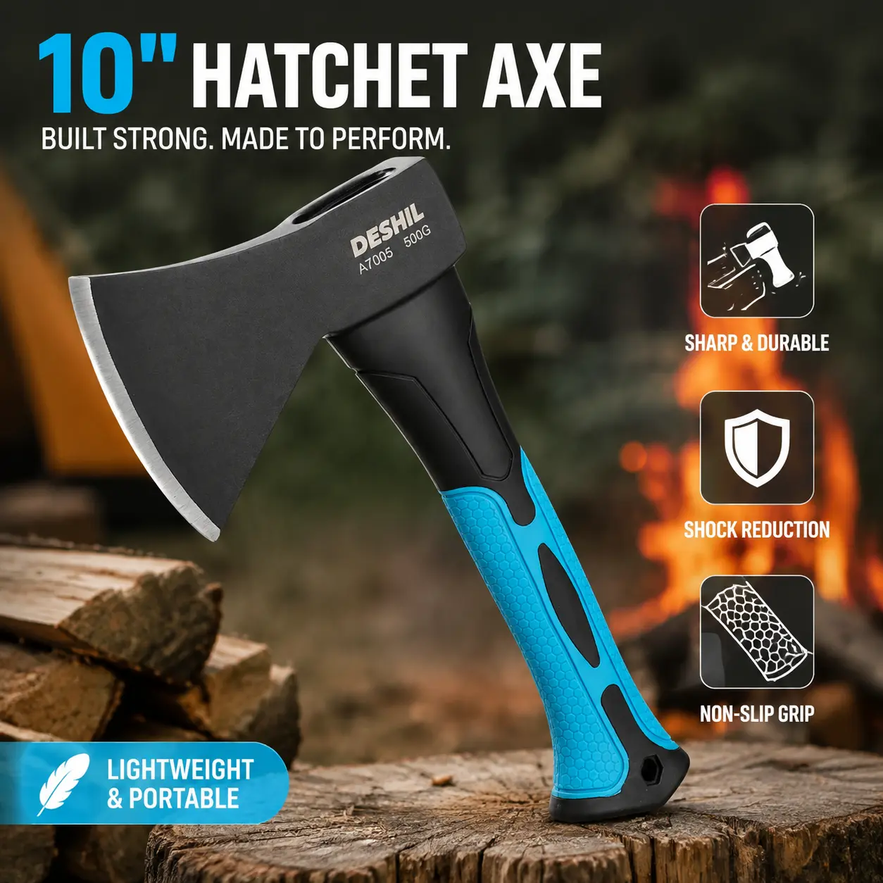 10 inch Outdoor Hatchet Axe Mini Camping Axe with Sheath-Blue |   Fiberglass Shock Reduction Handle with Anti-Slip Grip for kindling, small branches and Backyard