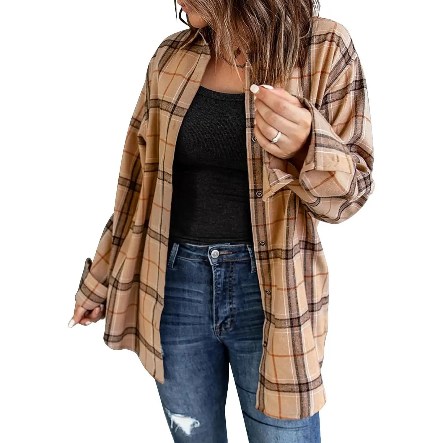 Womens Long Sleeve Plaid Shirts Flannel Collared Button Down Shackets Casual Rolled Up Boyfriend Blouses Top