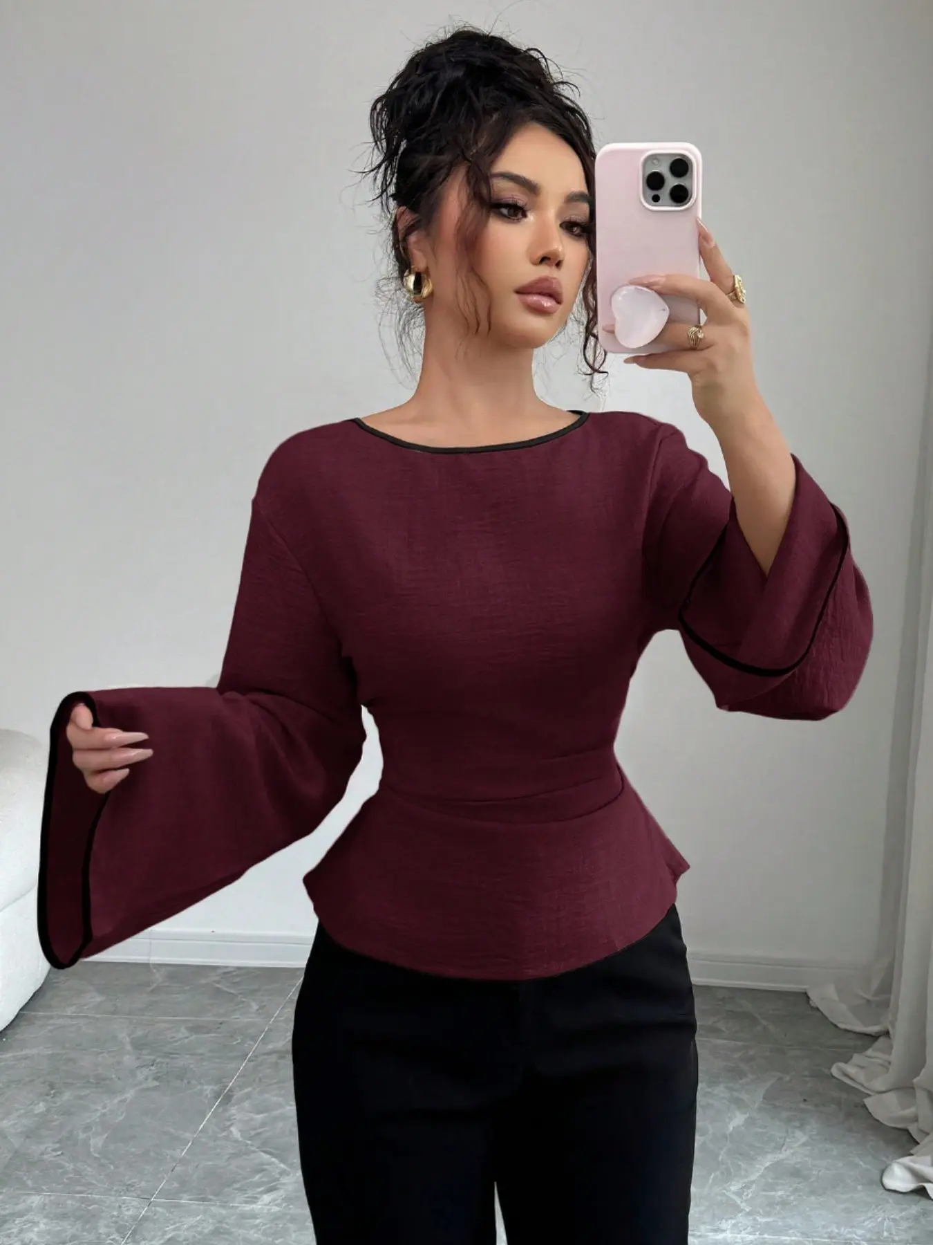 Summer New Colorblock Round Neck Top, Ruffle Sleeve Waist Cinch Wrinkle Slim Fit Lightweight Linen Style Long Sleeve Women's T-Shirt, Fashion Elegant, Feminine, Simple Casual, Daily Commute