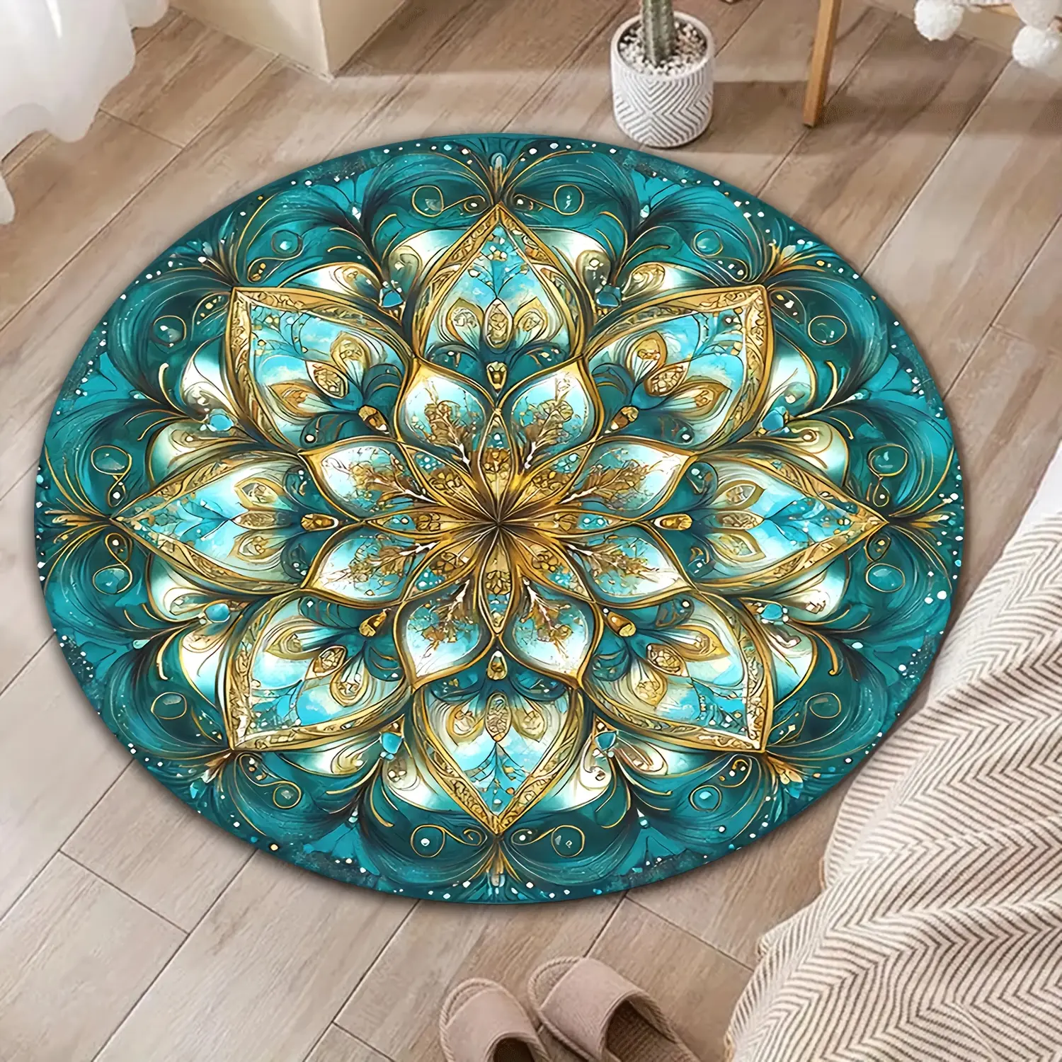 Polyester Thickened Flannel Mandala Print Round Rug, 1 Piece, Wrinkle-Resistant, Anti-Shrinkage, Durable, Lightweight, Ideal for Living Room & Bedroom Decor, Housewarming Gift