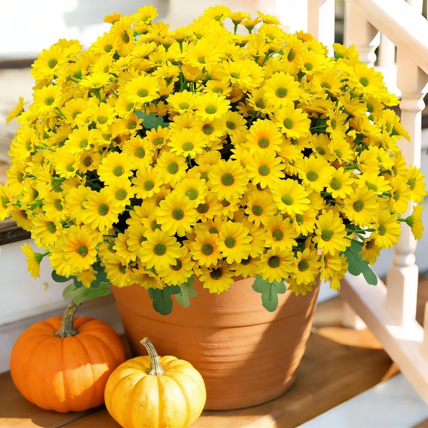 8 Bundles Artificial Mums for Outdoors, Fake Fall Flowers Faux Daisies Yellow Sunset Mums UV Resistant Fall Plants for Home Indoor Outside Garden Porch Planter Decor (Yellow)
