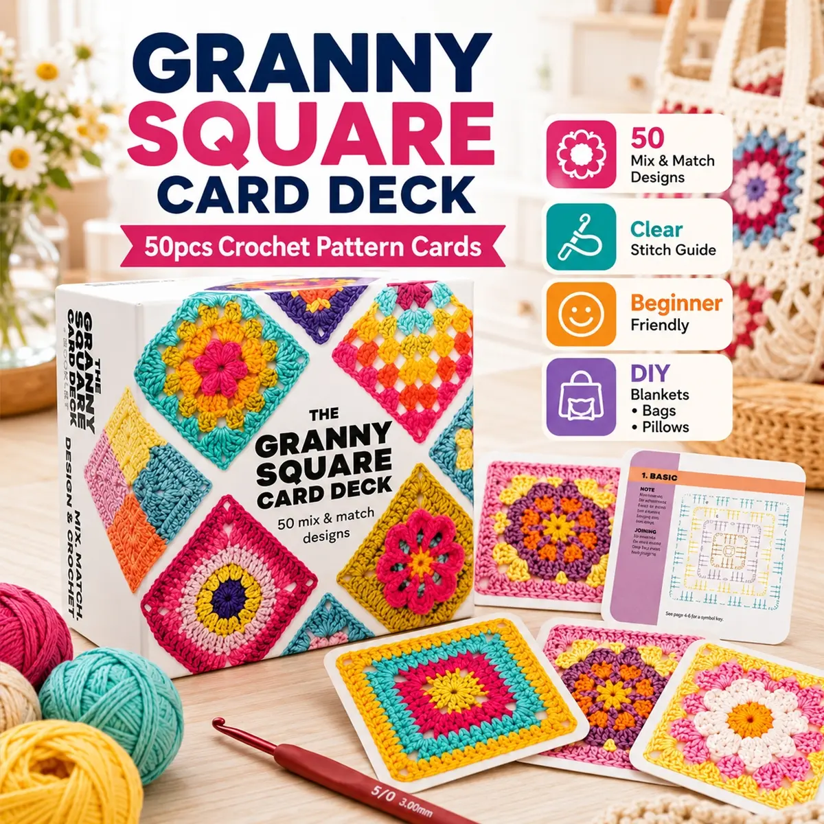 50PCS Granny Square Crochet Pattern Card Set, Classic Mix & Match Crochet Design Deck with Clear Stitch Guide, DIY handicrafts,Beginner Friendly Knitting Reference Cards for DIY Handmade Blankets, Bags, Pillows, Home Decor,Craft Lovers and Creative Gifts