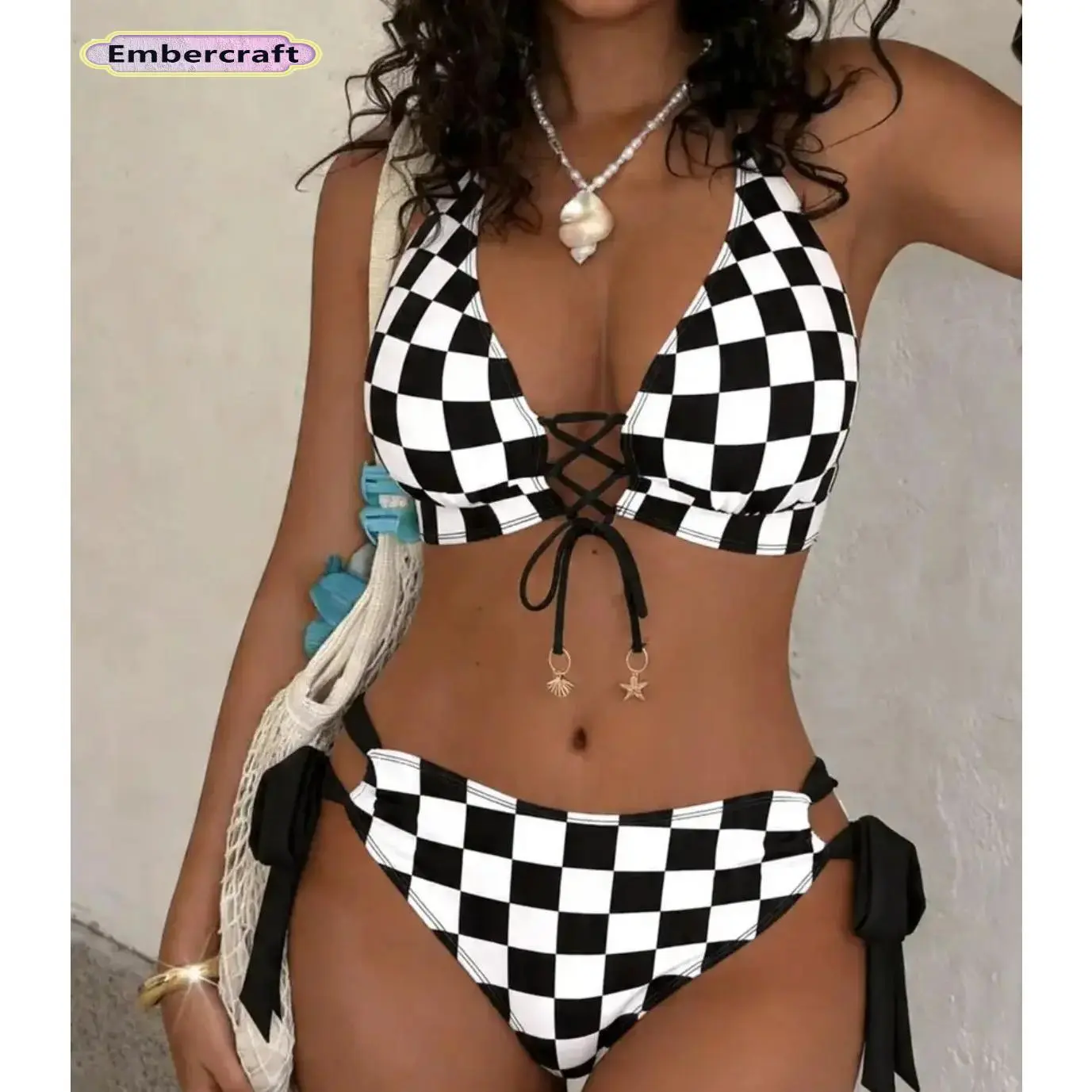 Viral Aesthetic Plaid Print Two Piece Swimsuit, Women Cute Tie Front Bikini Set, Soft Stretch Swimwear, Adjustable Support Flattering Fit Bathing Suit for Beach Vacation, Pool Party, Travel Summer Essential, On-the-go Resort Wear