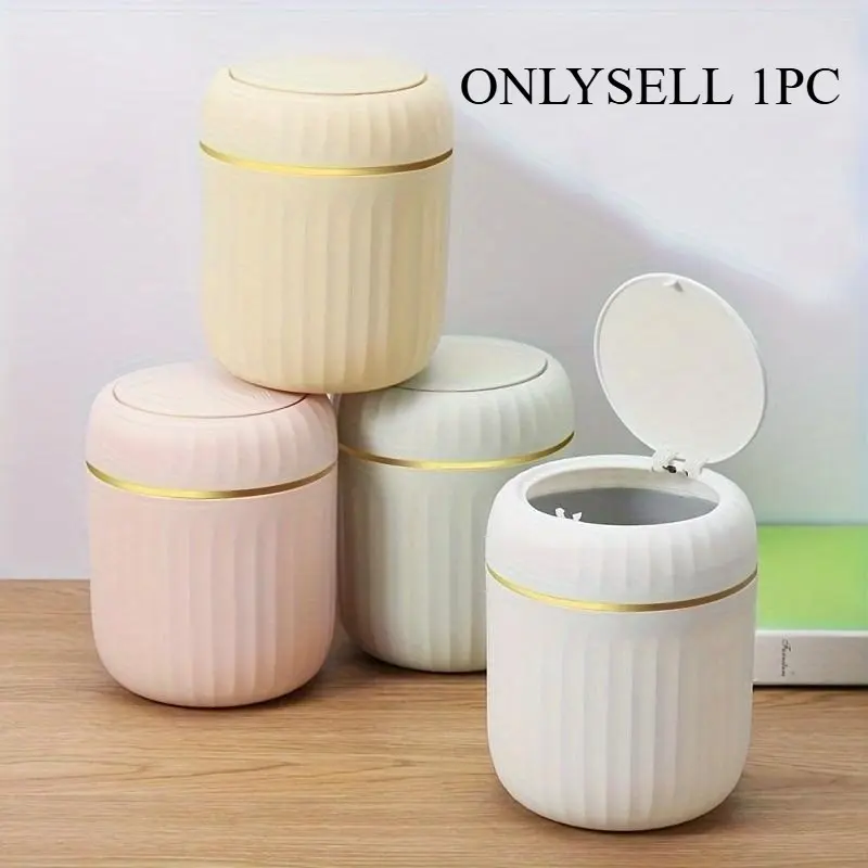 Ultra-Thick Large Capacity Desktop Trash Can, Fashion with Gold Accents, Press-Button Lid, Durable Plastic Cylinder Bin