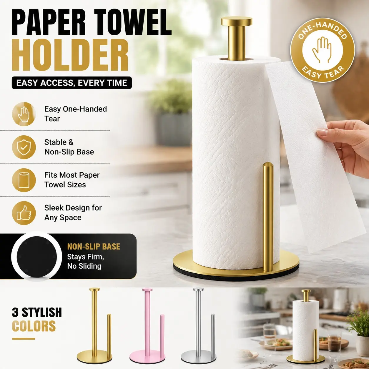 Freestanding Stainless Steel Paper Towel Holder Countertop Tissue Roll Storage Rack For Kitchen Sink Bathroom Vanity Fits All Standard & Big Size Paper Rolls Home Organization Supplies Pad