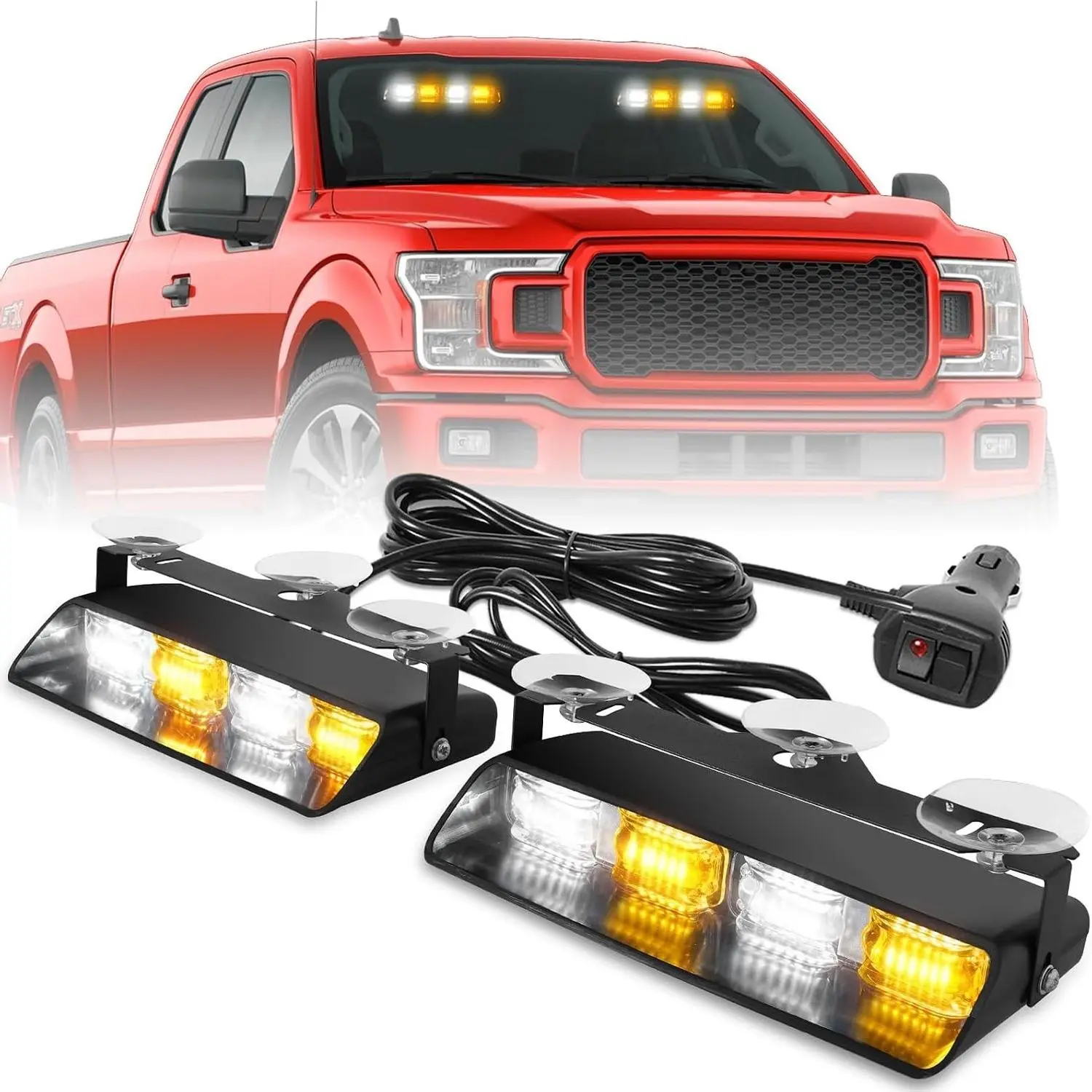 2002L Emergency Dash Strobe Light Bar: Amber/White Flashing Warning Hazard Windshield Visor Lights for Trucks, Construction Vehicles (2x8.5", 48 LED)Gift