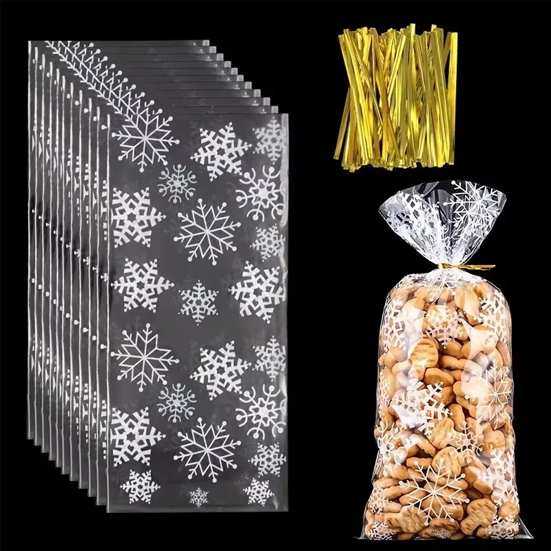 100-Pack Snowflake Candy Bags - Glassine & Plastic Treat Pouches with 100 Golden Twist Ties | Perfect for Party Favors, Gift Wrapping & Candy Packaging | Clear Snack Bags for Weddings, Birthdays, Holidays & Celebrations, Durable & Reusable