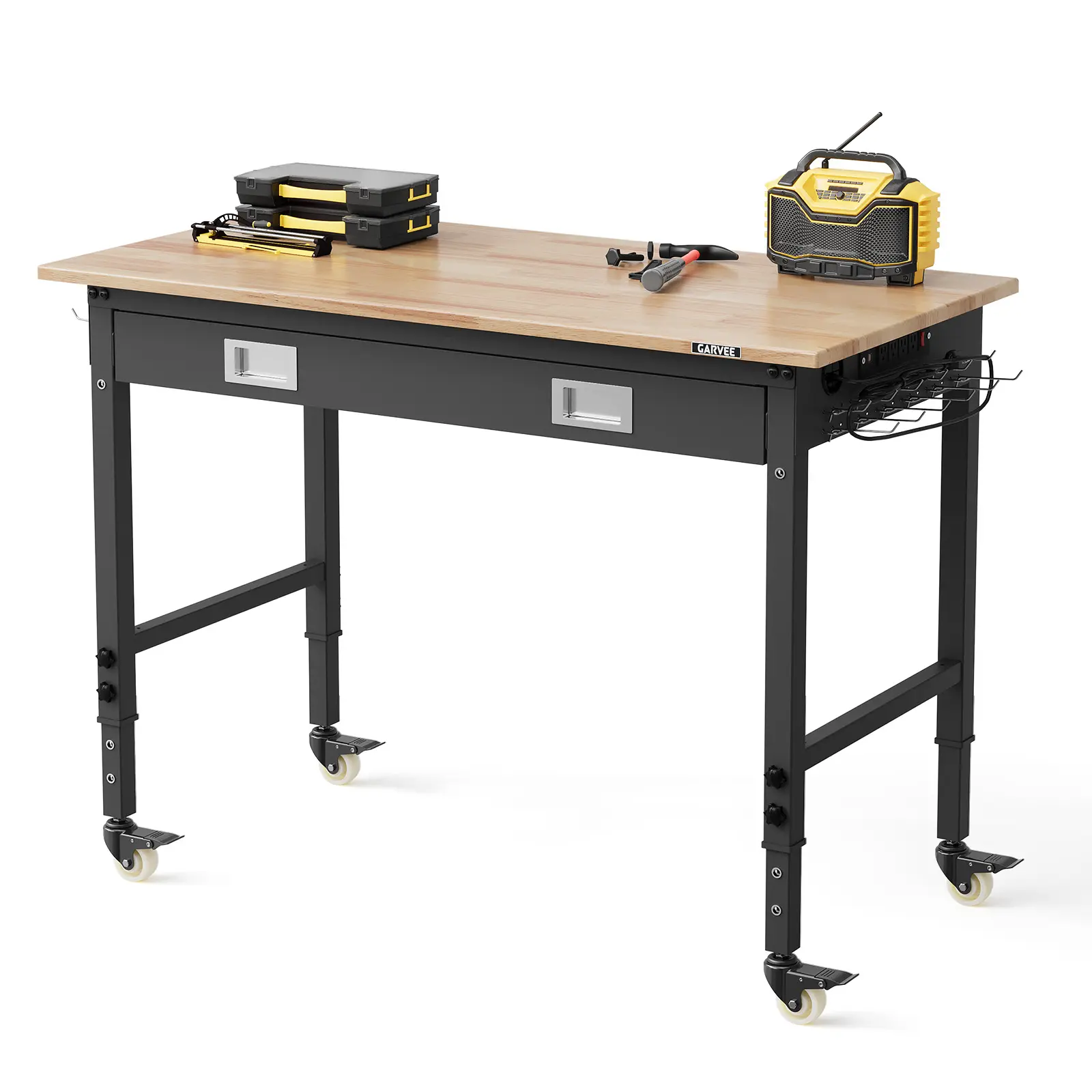 Garvee 48x24 In Height Adjustable Workbench (Single Unit) - 2000 LBS Heavy-Duty Steel Frame, Solid Rubberwood Top, Drawer, ETL Power + USB Outlets, Pegboard, Hooks, Swivel Casters, Indoor Use