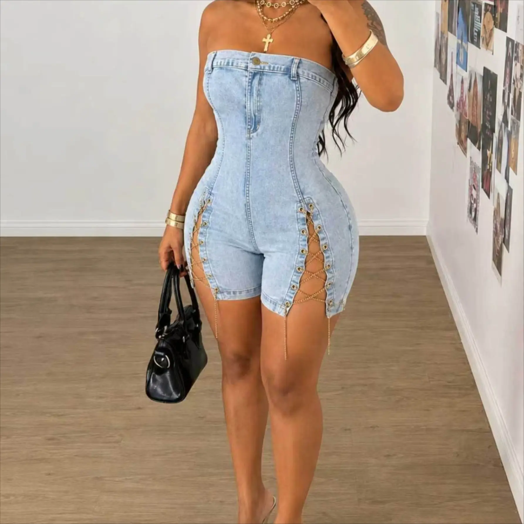 New Summer Women's Fashionable, Trendy, Sexy Strapless Denim Jumpsuit with Slim Fit and Chain Design