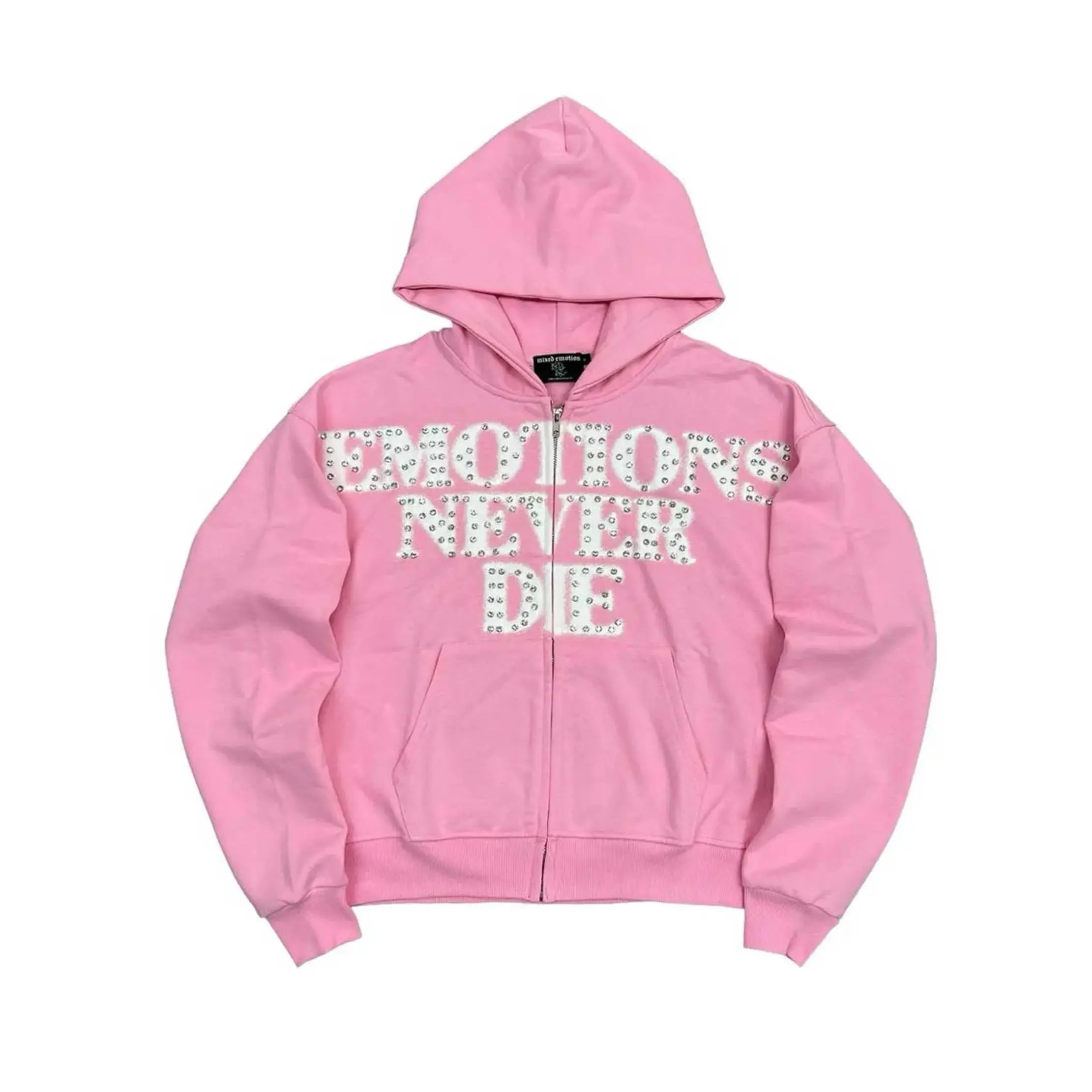 MIXED EMOTION Pink Rhinestone Zip Up Hoodie 100% Cotton Loose Oversized Y2K Graphic Letter Print Hooded Sweatshirt Autumn Winter Streetwear Jacket Top Men Women Unisex