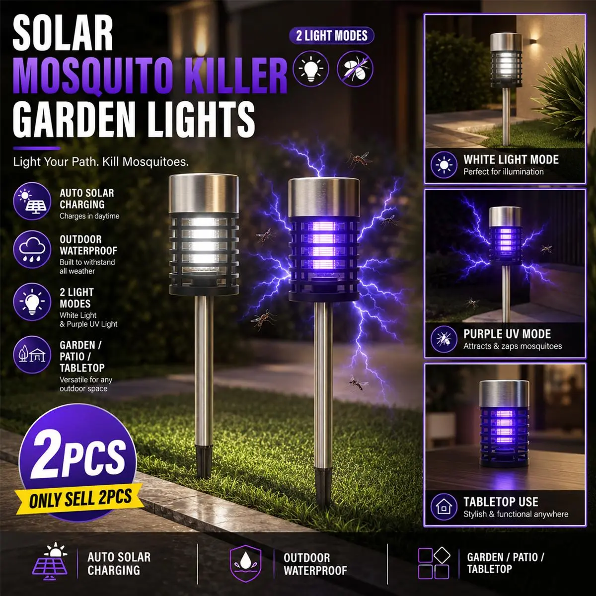 2PCS Solar Bug Zapper Outdoor Waterproof Stainless Steel Mosquito Killer Lamp, LED Garden Stake Light with White Lighting & Purple UV Zapping, 2-in-1 Standing or Ground Stake Use, Auto On/Off for Patio, Yard, Lawn, Garden, Porch and Camping