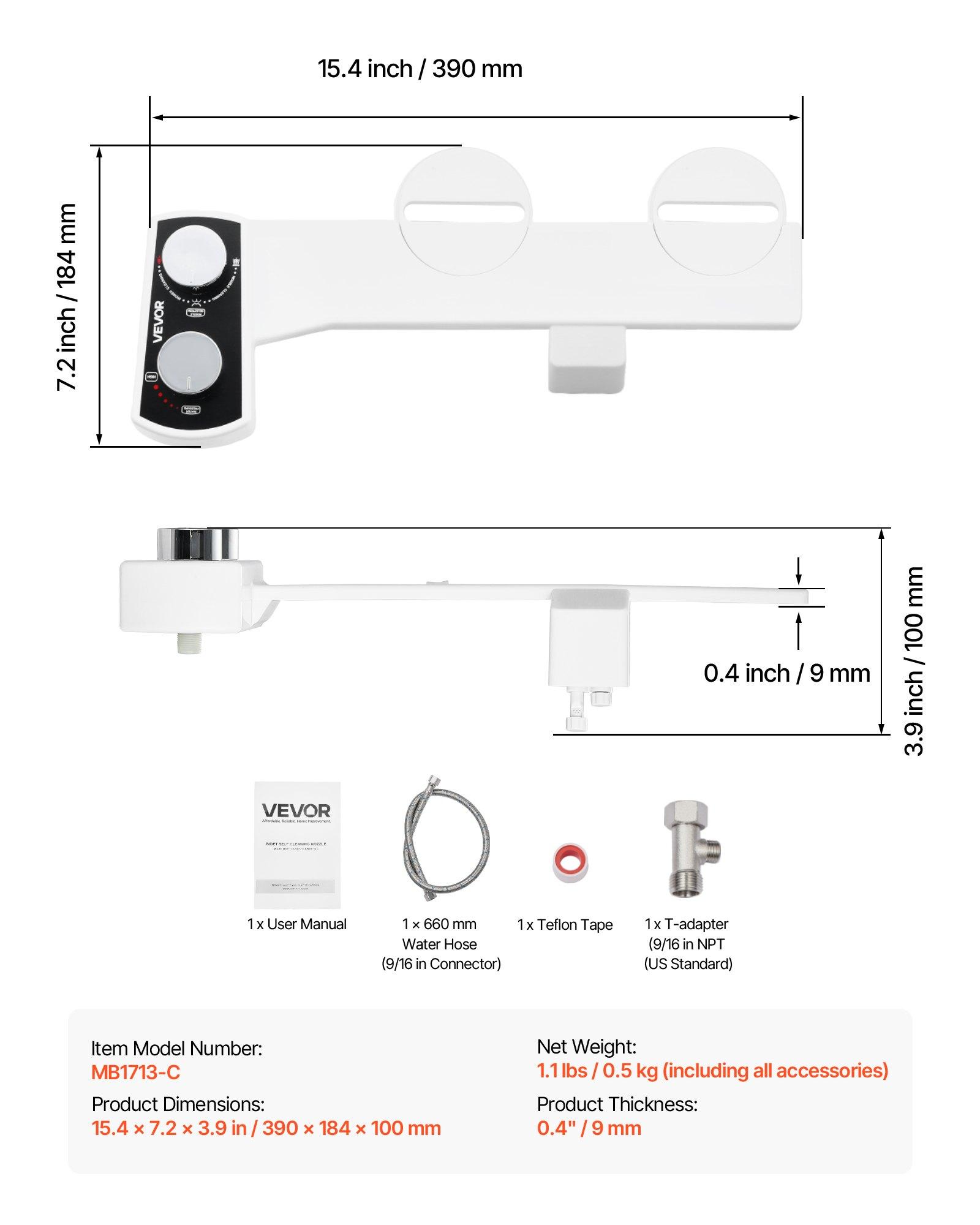 VEVOR Bidet Attachment for Toilet, Non-Electric Bidet Toilet Seat Attachment - Dual Retractable Nozzles, Adjustable Water Pressure,  Easily Installed Cold Water Sprayer for Rear Feminine Wash, White