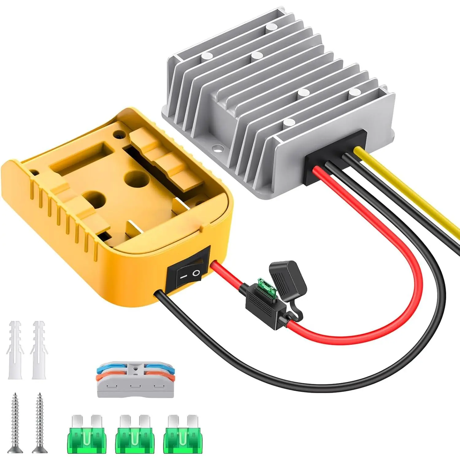 20V to 12V Step Down Converter for 20V Battery, DC Voltage Reducer 12V 20A 240W Buck Converter Wheel Battery Adapter with Over Discharge Protection, Switch and Fuse