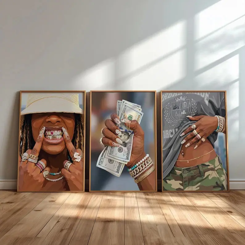 3-Piece Urban Glam Wall Art Set, Fashion Jewelry and Money Illustration Posters for Bedroom, Dressing Room, Salon or Trendy Street Style Decor