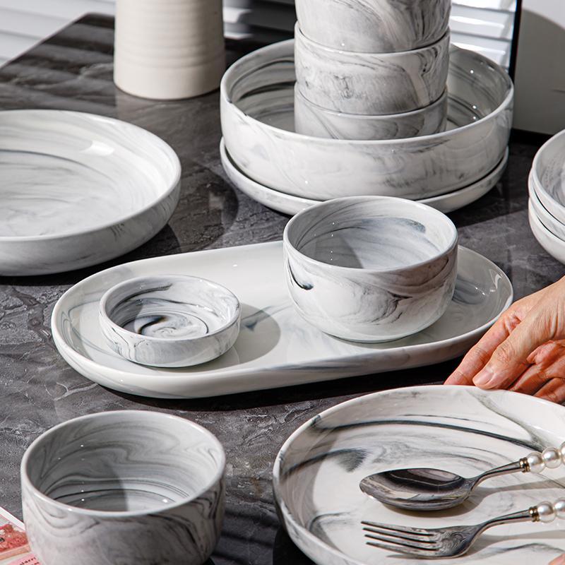 Marble Pattern Ceramic Tableware Set, Modern Style Cutlery Set, Simple and High-end Tableware Set, Ceramic Dinnerware Set for Home Kitchen Dining Room